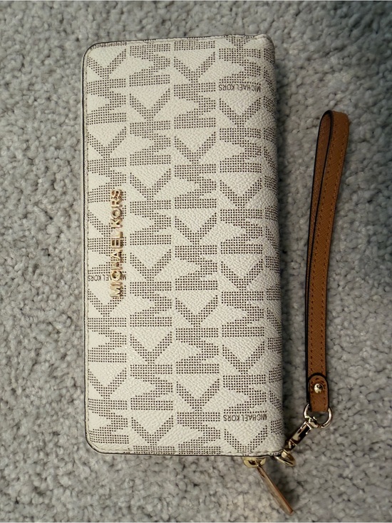 Michael Kors Handbags - Michael Kors Cream Logo Wristlet with Tan Strap